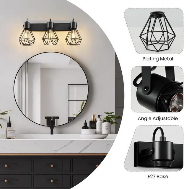 Alt view image 4 of 4 - Bathroom Vanity Light Fixtures: 3 Lights 90° Rotatable Black Wall Lights Over Mirror with Metal Shade