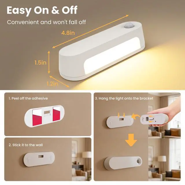Alt view image 3 of 5 - Rechargeable Motion Sensor Night Light 2 Pack 1800mAh Battery Operated Stair Lights Indoor