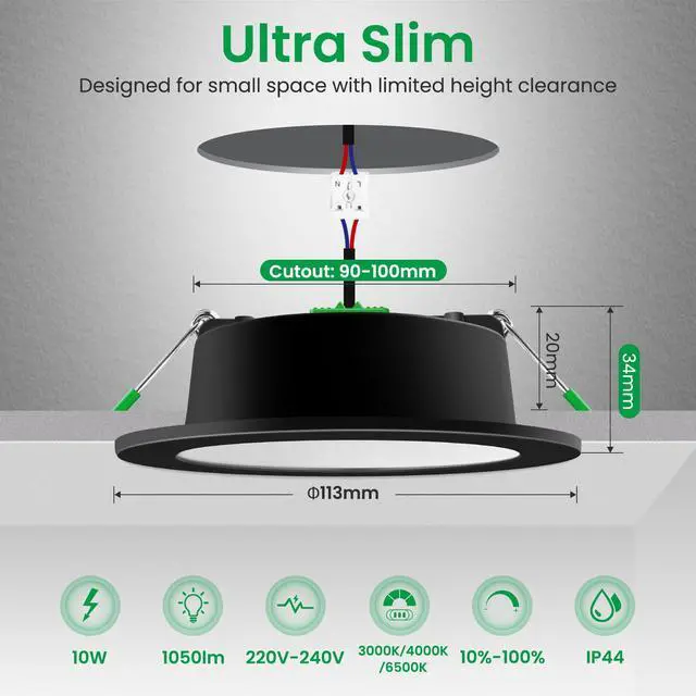 Alt view image 2 of 5 - Lighting Black LED Downlights Dimmable Recessed Ceiling Lights 10W 1050lm High Brightness