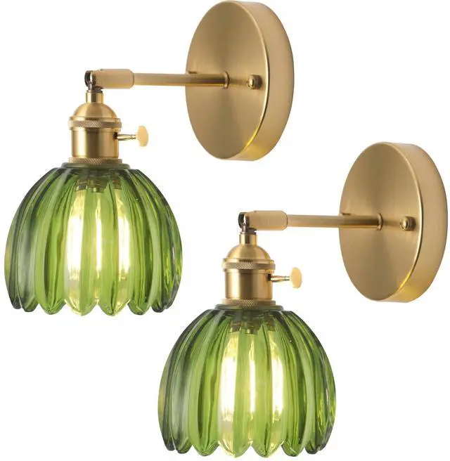 Main image of Set of 2 Vintage Brass Gold and Green Glass Flower Wall Lamps