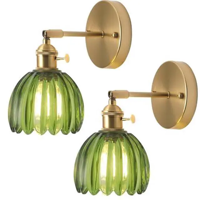 Alt view image 2 of 7 - Set of 2 Vintage Brass Gold and Green Glass Flower Wall Lamps