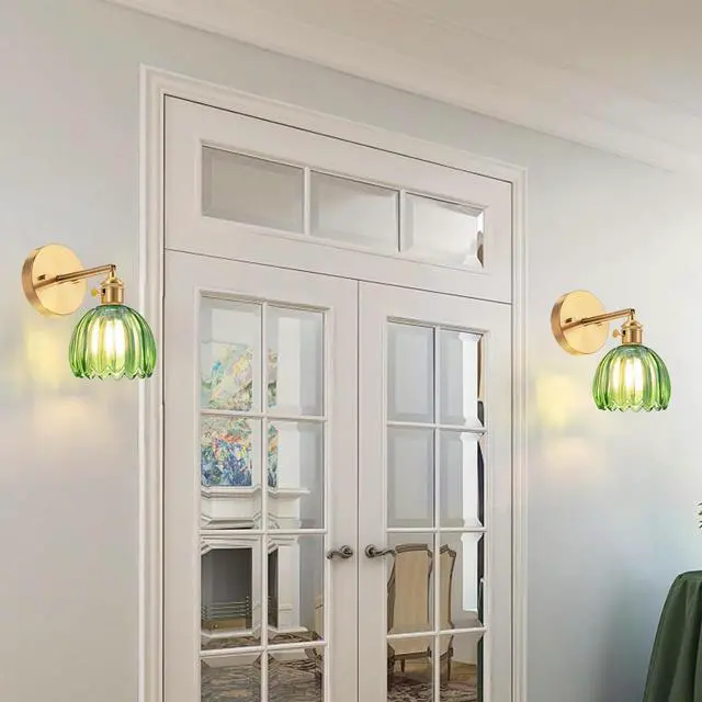 Alt view image 3 of 7 - Set of 2 Vintage Brass Gold and Green Glass Flower Wall Lamps