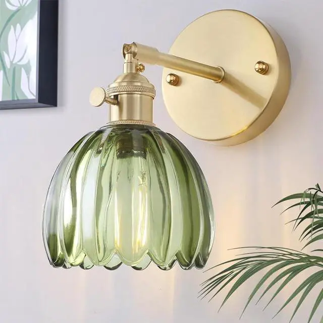 Alt view image 4 of 7 - Set of 2 Vintage Brass Gold and Green Glass Flower Wall Lamps