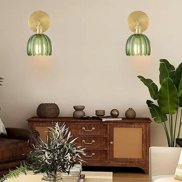 Alt view image 5 of 7 - Set of 2 Vintage Brass Gold and Green Glass Flower Wall Lamps