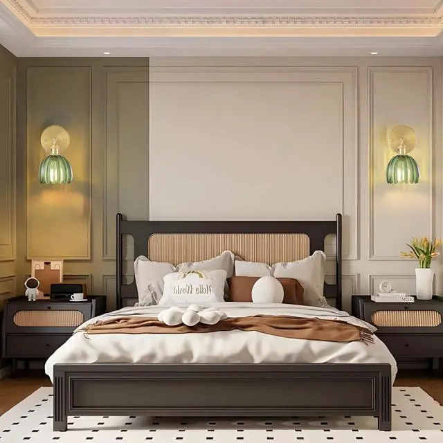 Alt view image 6 of 7 - Set of 2 Vintage Brass Gold and Green Glass Flower Wall Lamps