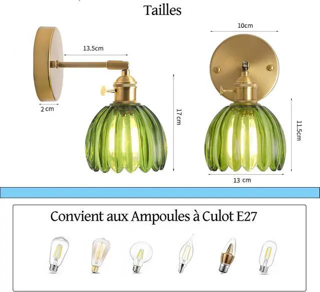 Alt view image 7 of 7 - Set of 2 Vintage Brass Gold and Green Glass Flower Wall Lamps