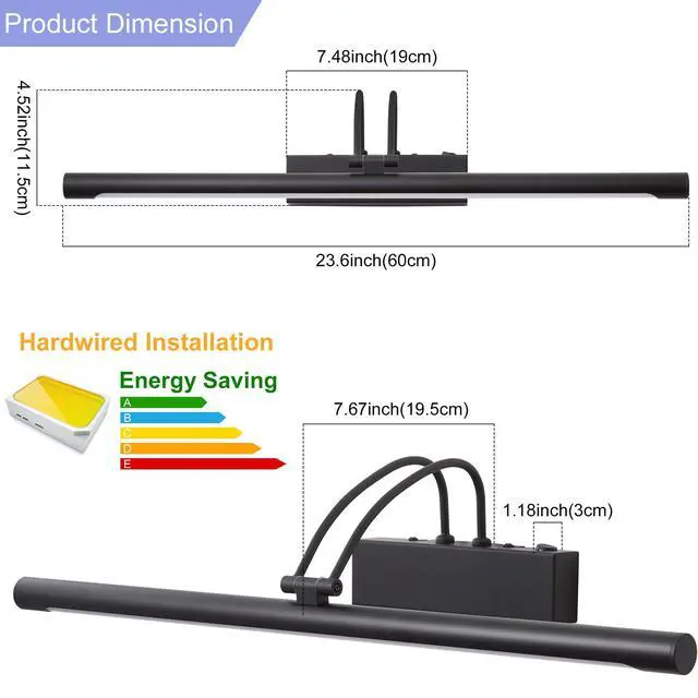 Alt view image 4 of 5 - LED Bathroom Wall Light Black LED Picture Lights for Wall with Switch 60CM | Bathroom Mirror Light