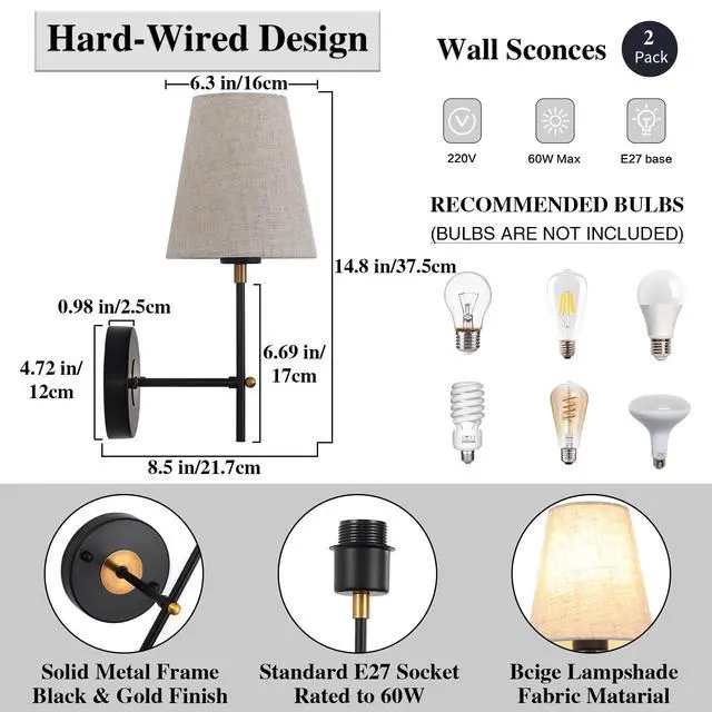 Alt view image 3 of 7 - Set of 2 Black and Gold Wall Lights for Living Room Bedrooms