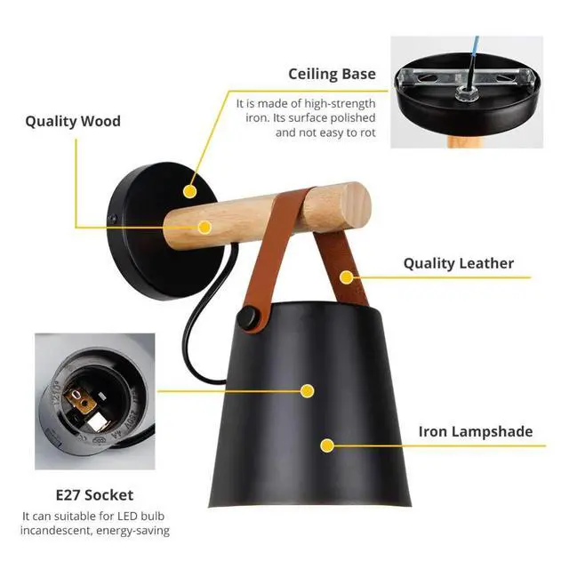 Alt view image 2 of 5 - Wall Light Sconce Modern Wooden Leather Decorative Led Wall Lamps E27