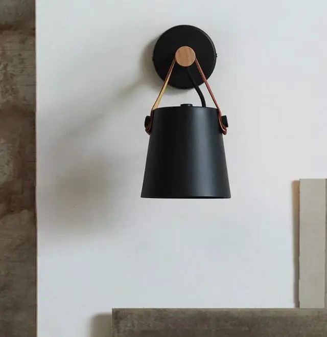 Alt view image 4 of 5 - Wall Light Sconce Modern Wooden Leather Decorative Led Wall Lamps E27