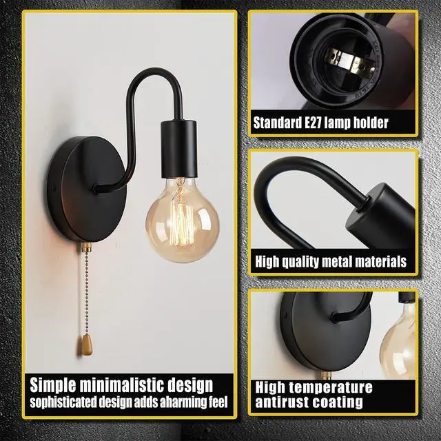 Alt view image 3 of 4 - Lightess Pull Cord Wall Lights E27 Black