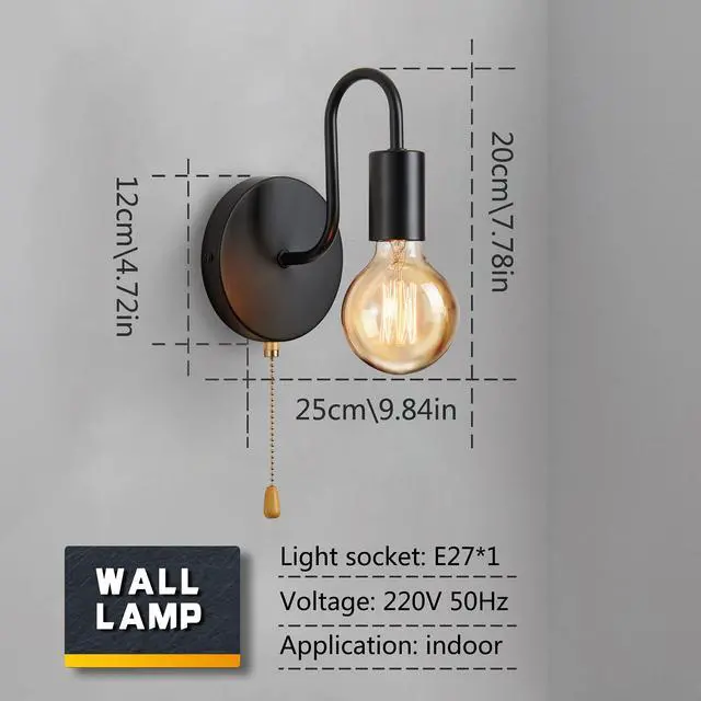 Alt view image 4 of 4 - Lightess Pull Cord Wall Lights E27 Black
