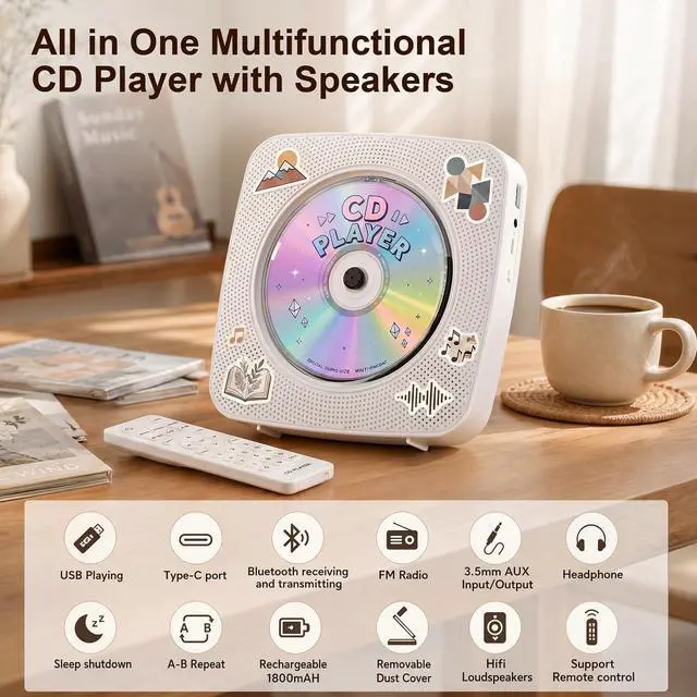 Alt view image 2 of 5 - Bluetooth CD Players for Home with Speakers
