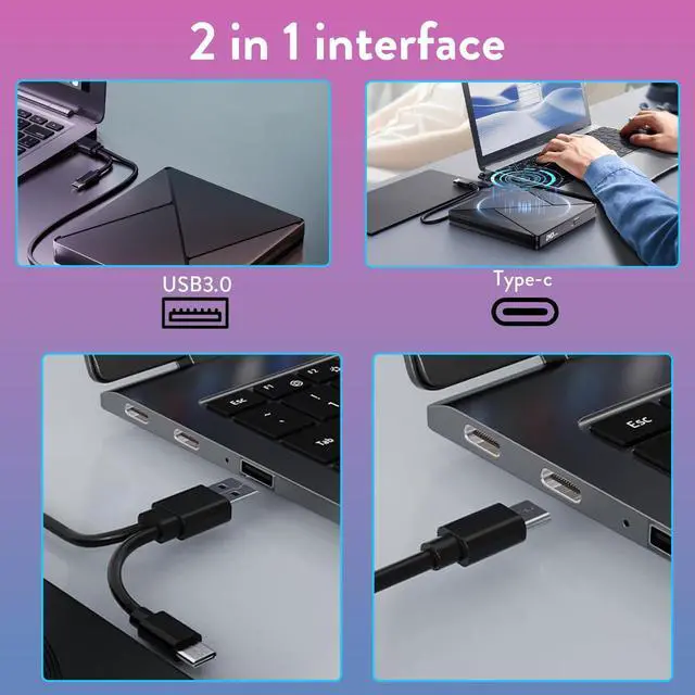 Alt view image 2 of 5 - External CD DVD Drive for Laptop USB 3.0 Type-C