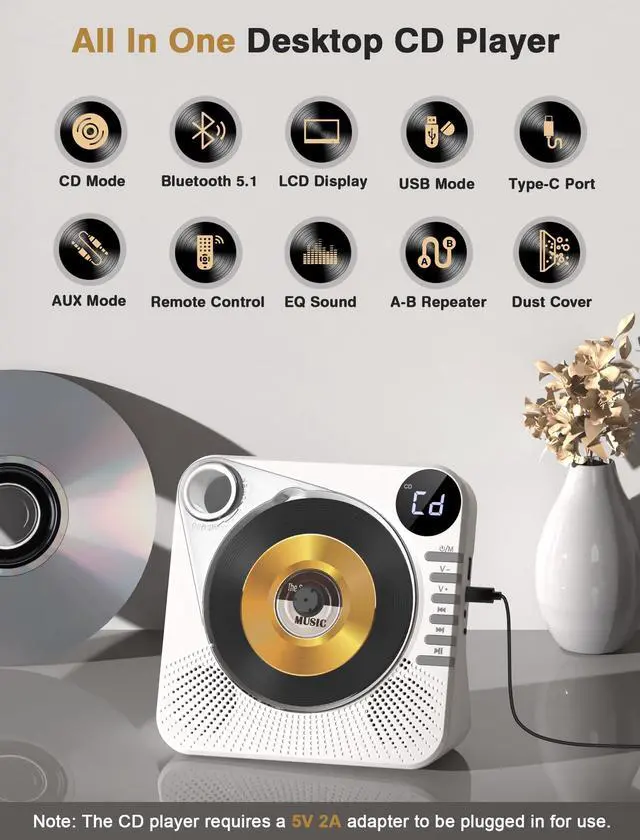 Alt view image 2 of 5 - Portable CD Player with Bluetooth 5.1