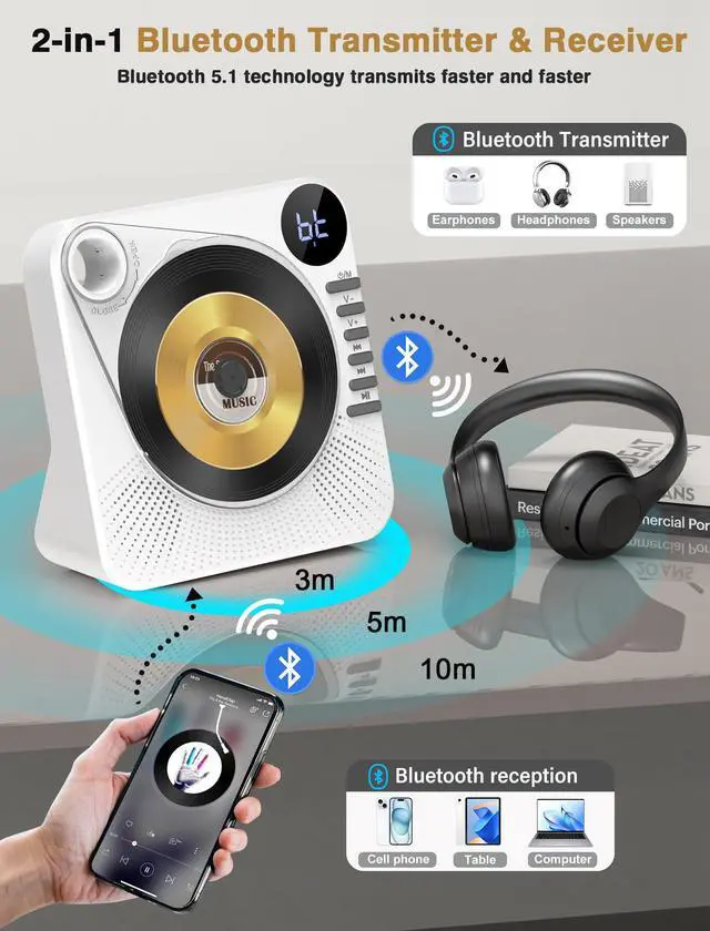 Alt view image 5 of 5 - Portable CD Player with Bluetooth 5.1