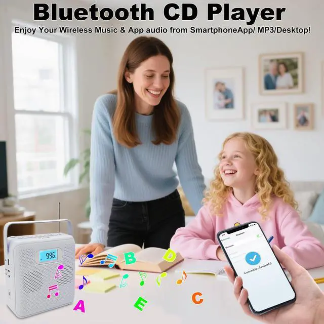 Alt view image 2 of 5 - Portable CD Player with Bluetooth Bulit-in Double HiFi Speakers