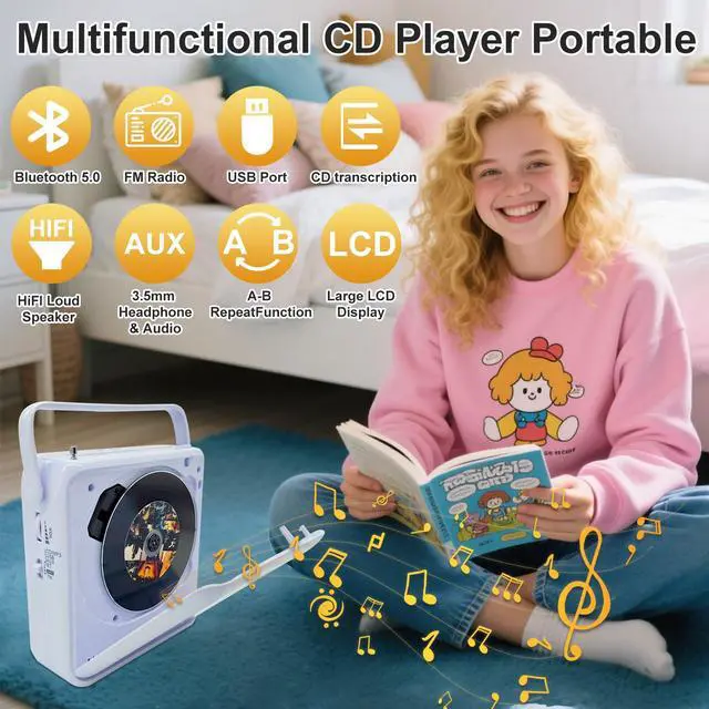 Alt view image 4 of 5 - Portable CD Player with Bluetooth Bulit-in Double HiFi Speakers