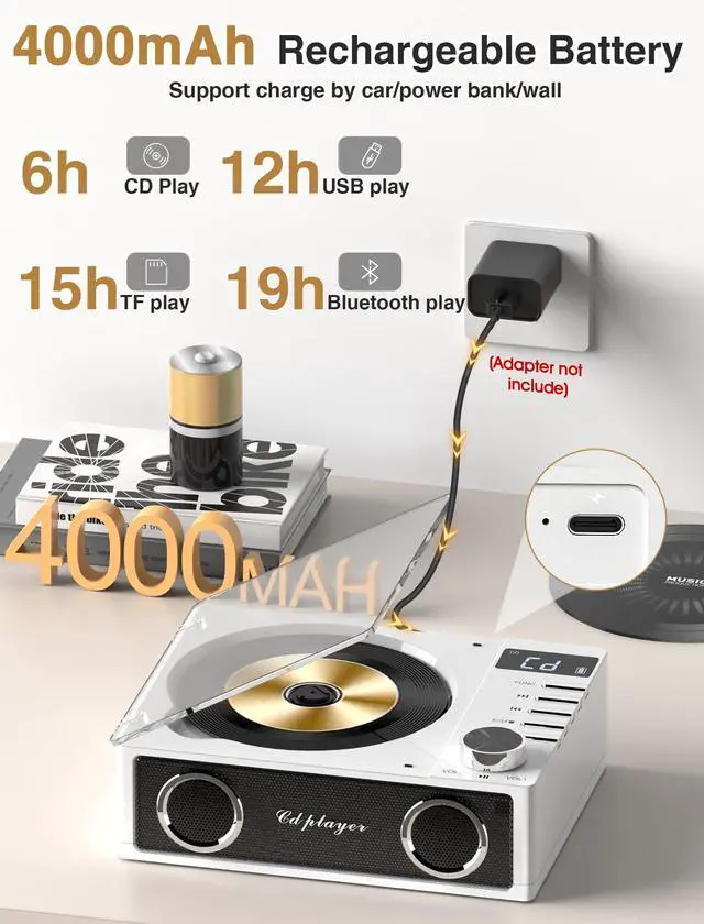 Alt view image 2 of 5 - Desktop CD Player With 4000mAh Rechargeable Battery