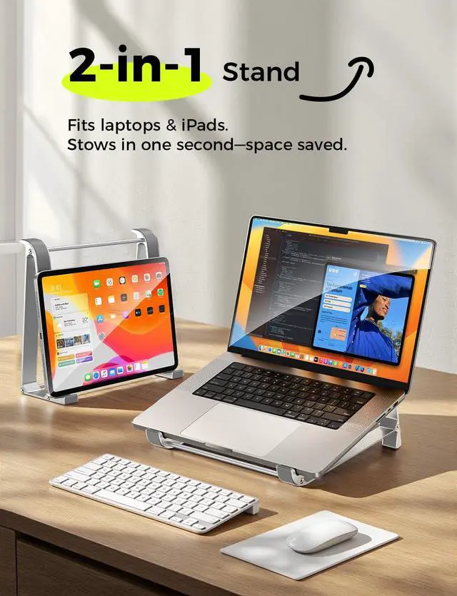 Alt view image 2 of 5 - Vertical Laptop Stand & Storage Holder - Portable Aluminum Stand with Silicone Pads