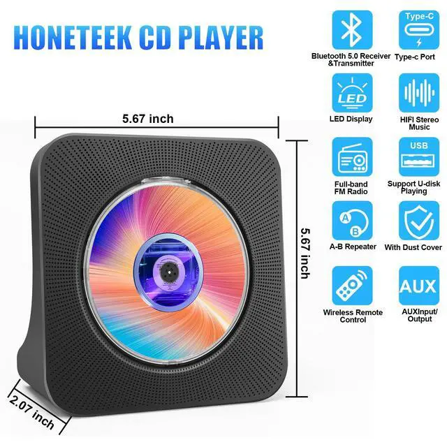 Alt view image 5 of 5 - Portable CD Player with Speakers Bluetooth Desktop CD Player