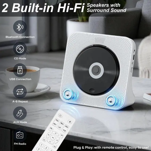 Alt view image 2 of 5 - CD Player Portable with Speakers - Homlab Blutooth Desktop CD Players for Home with Dust Cover