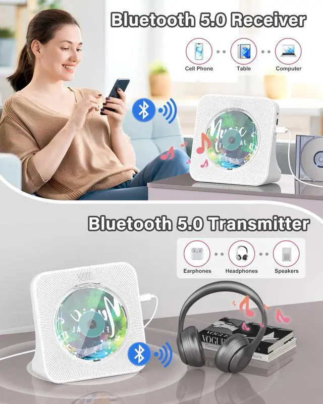 Alt view image 3 of 5 - Portable CD Player with Bluetooth 5.0
