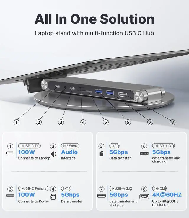 Alt view image 2 of 5 - Laptop Stand with 8-in-1 Docking Station