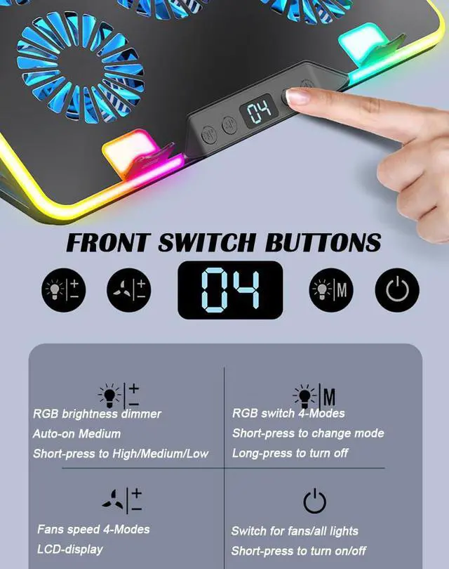 Alt view image 5 of 5 - Gaming RGB Laptop Cooling Fan pad Cooler 15.6 14 13 12 10Inch(Party RGB-Lights