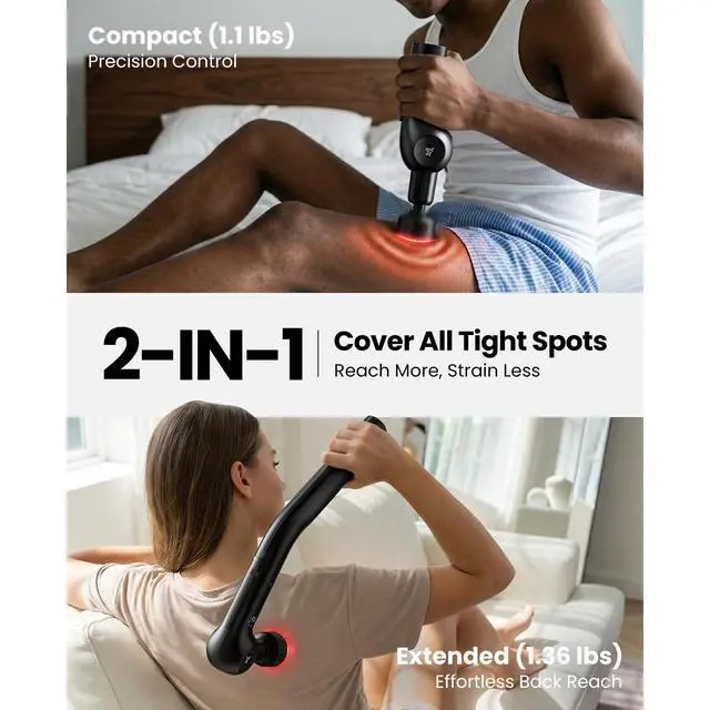 Alt view image 2 of 6 - Ultra Massage Gun with Heat Red Light Soothing 2-in-1 Extension Handle