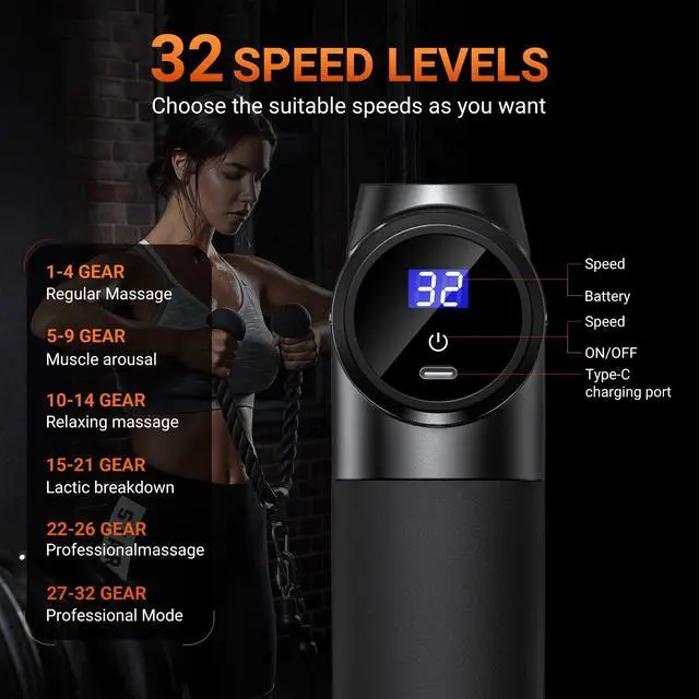 Alt view image 6 of 6 - Deep Tissue Muscle Massage Gun with 32 Adjustable Levels and 8 Heads