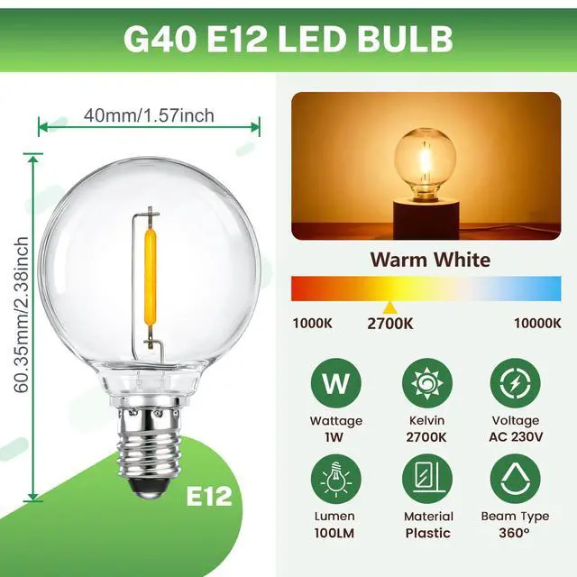 Alt view image 2 of 5 - 25 Pack 1W E12 G40 LED Bulbs Outdoor Waterproof 220V Warm White 2700K