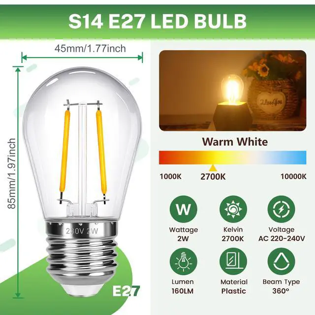 Alt view image 2 of 5 - Outdoor String Light Replacement Bulbs 2W E27 S14 220V