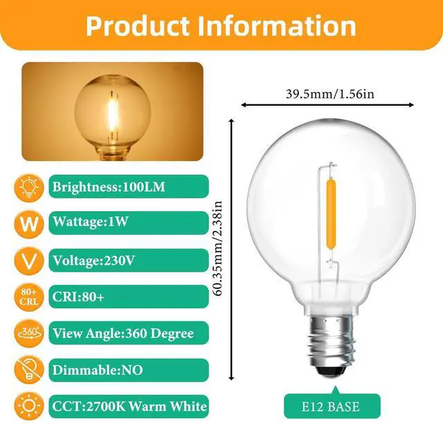 Alt view image 2 of 5 - 25 Pack G40 1W Outdoor LED Bulbs
