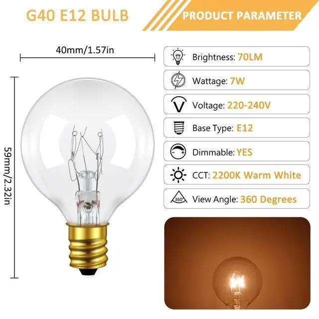 Alt view image 2 of 5 - 25 Pack G40 7 Watt Incandescent Replacement Bulbs