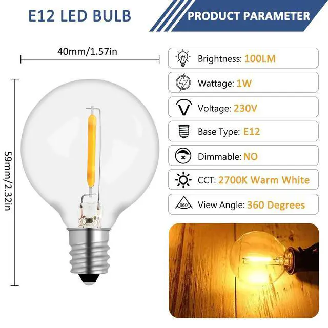 Alt view image 2 of 5 - 10 Pack G40 1W LED Bulbs Outdoor 220V