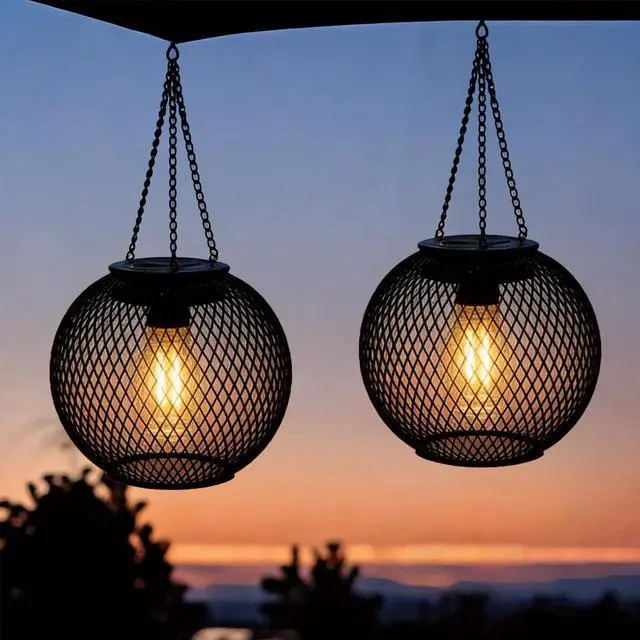 Main image of Hanging Solar Lights Outdoor Garden 2 Pack Retro Solar Lanterns