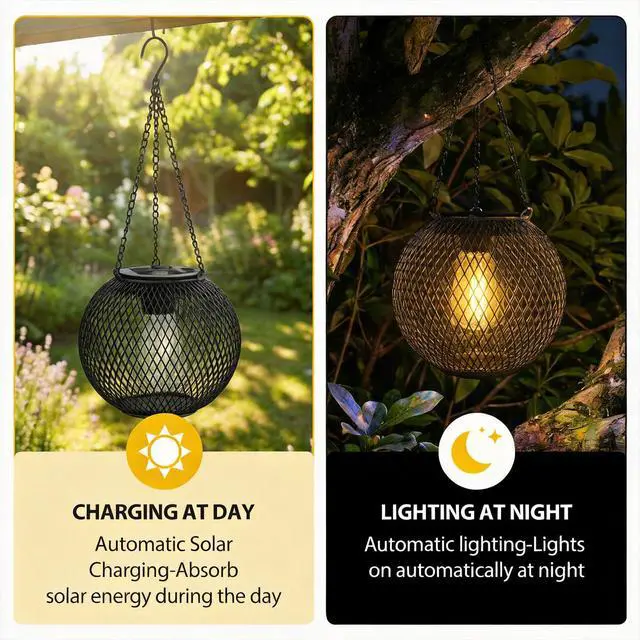 Alt view image 3 of 6 - Hanging Solar Lights Outdoor Garden 2 Pack Retro Solar Lanterns