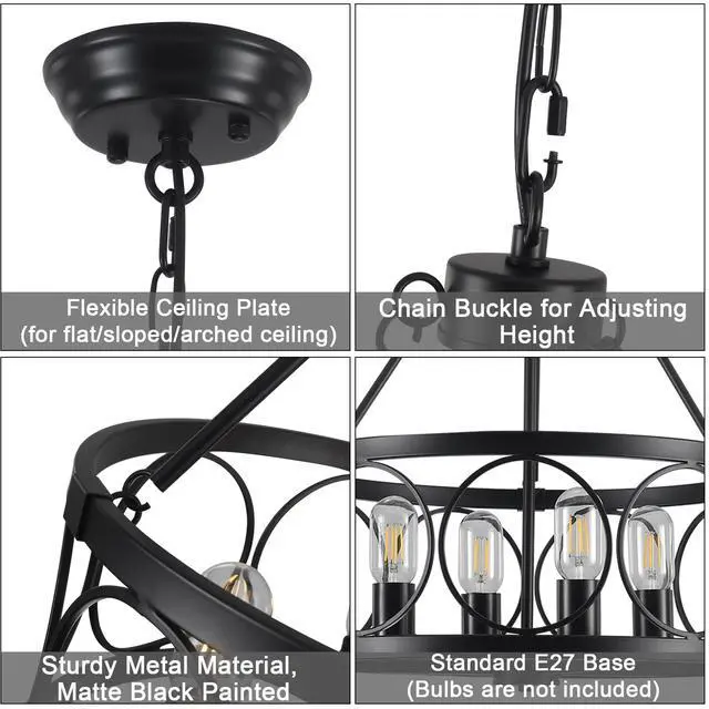 Alt view image 6 of 7 - Black Chandelier - 4 Lights Chandeliers Ceiling Light Industrial Living Room Chandelier