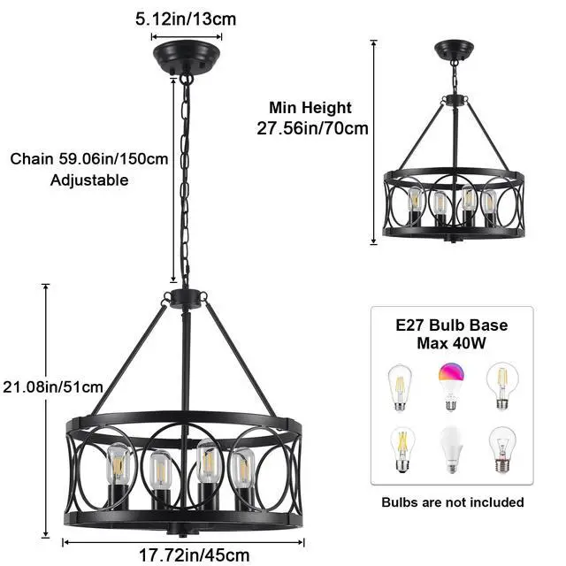Alt view image 7 of 7 - Black Chandelier - 4 Lights Chandeliers Ceiling Light Industrial Living Room Chandelier