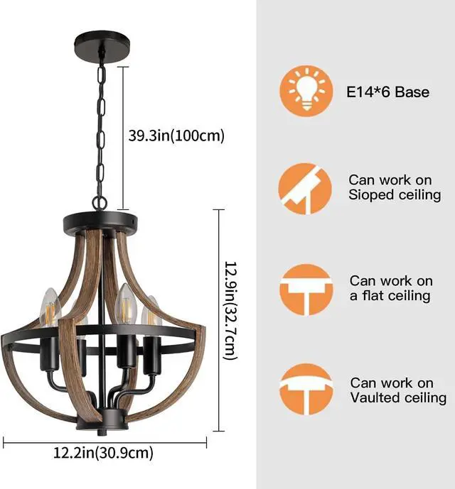 Alt view image 2 of 6 - Farmhouse Chandelier Vintage 4-Light Hanging Pendant Light Height Adjustable