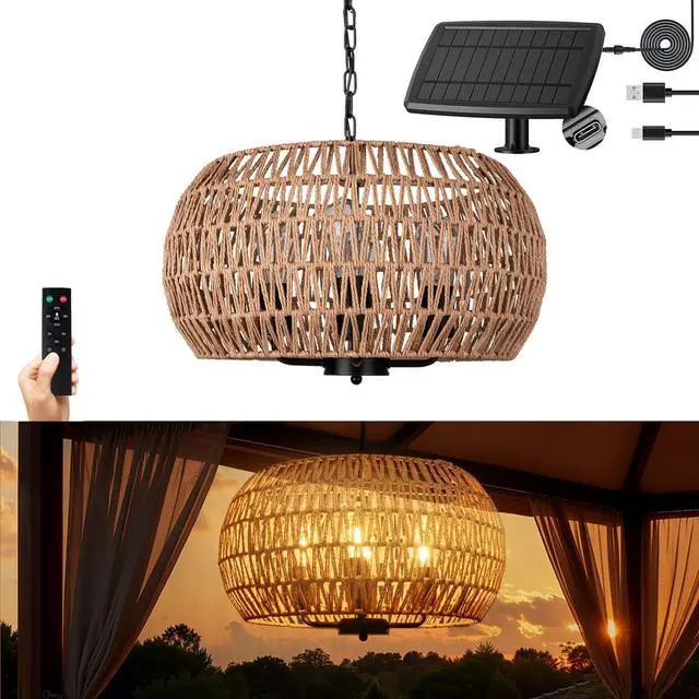 Main image of Outdoor Solar Chandelier 4-Light 19" Outdoor Rattan Chandelier