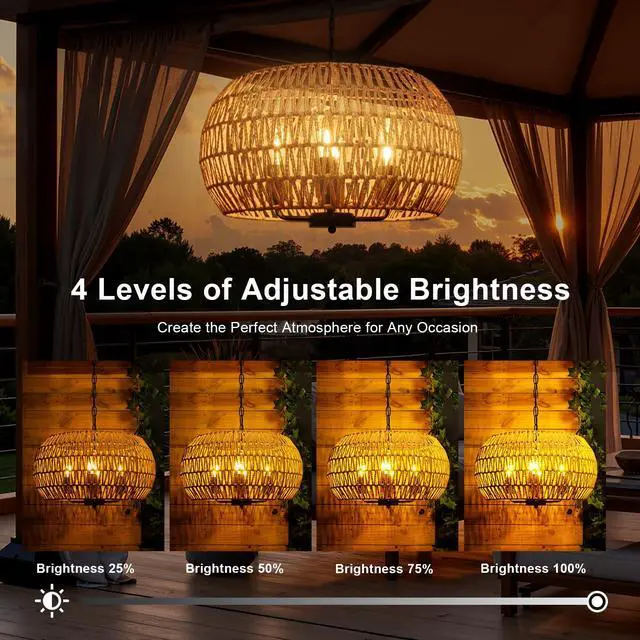 Alt view image 3 of 6 - Outdoor Solar Chandelier 4-Light 19" Outdoor Rattan Chandelier