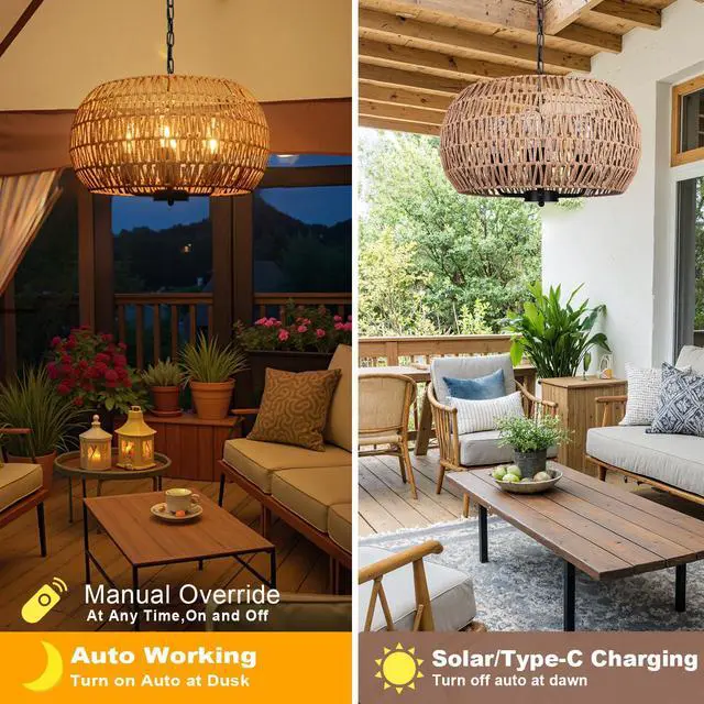 Alt view image 4 of 6 - Outdoor Solar Chandelier 4-Light 19" Outdoor Rattan Chandelier