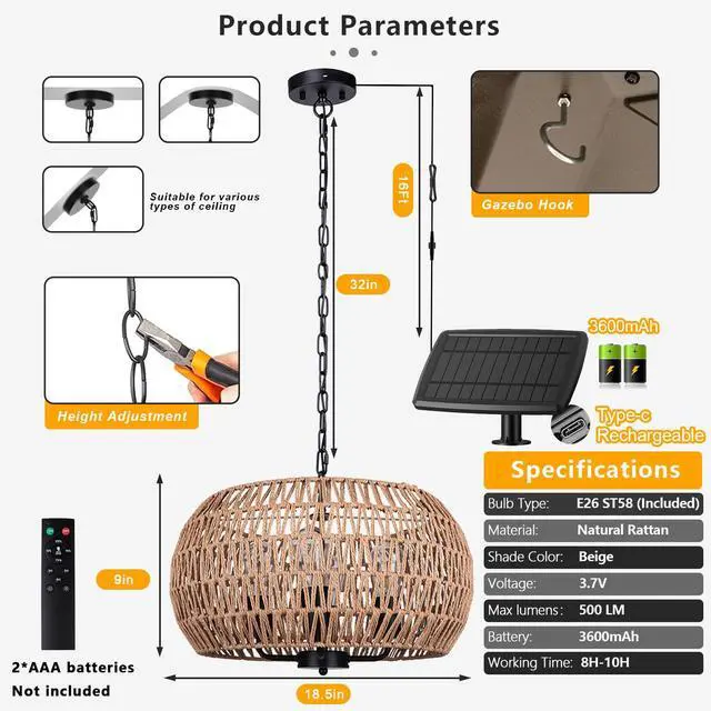 Alt view image 5 of 6 - Outdoor Solar Chandelier 4-Light 19" Outdoor Rattan Chandelier