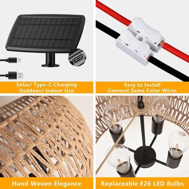 Alt view image 6 of 6 - Outdoor Solar Chandelier 4-Light 19" Outdoor Rattan Chandelier