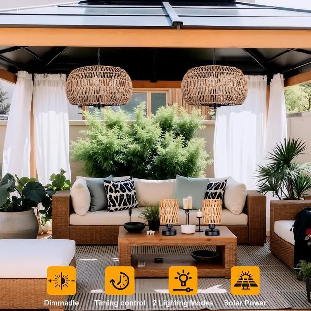 Alt view image 2 of 6 - Outdoor Solar Chandelier 4-Light 19" Outdoor Rattan Chandelier