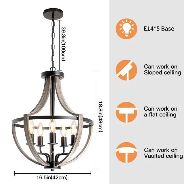 Alt view image 3 of 6 - 5 Light Farmhouse Chandelier Rustic Flush Mount Ceiling Light
