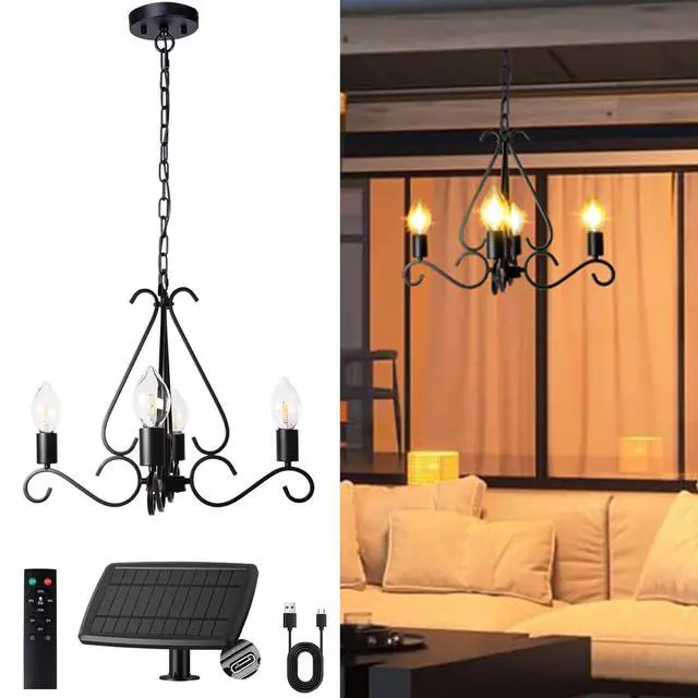 Main image of Solar Chandelier Outdoor 4-Lights 23" Rustic Farmhouse Industrial Iron Chandeliers