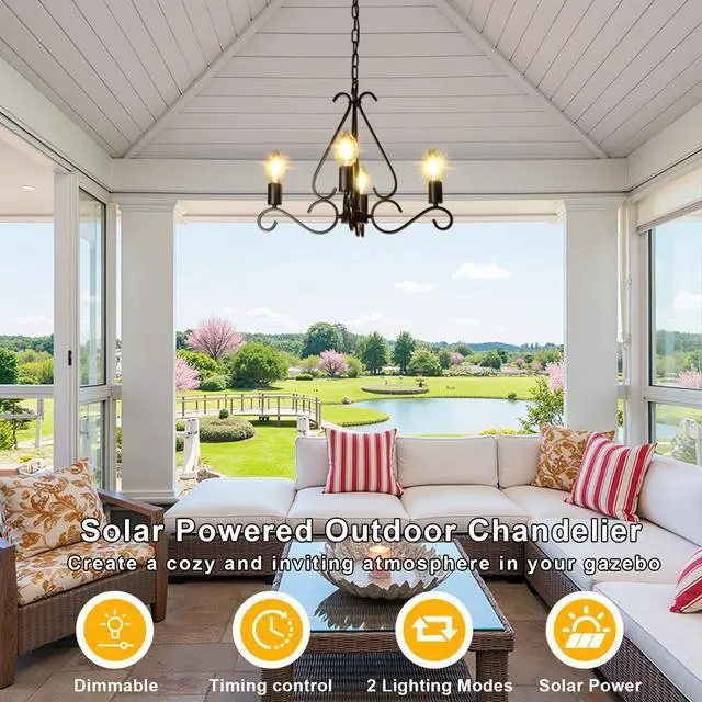 Alt view image 2 of 6 - Solar Chandelier Outdoor 4-Lights 23" Rustic Farmhouse Industrial Iron Chandeliers